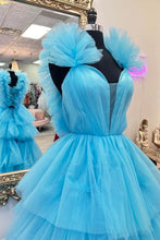Load image into Gallery viewer, Gorgeous A Line V Neck Blue Long Prom Dress with Ruffles