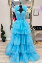 Load image into Gallery viewer, Gorgeous A Line V Neck Blue Long Prom Dress with Ruffles
