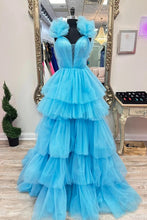 Load image into Gallery viewer, Gorgeous A Line V Neck Blue Long Prom Dress with Ruffles