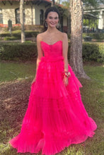 Load image into Gallery viewer, Trendy A Line Strapless Hot Pink Long Prom Dress with Ruffles
