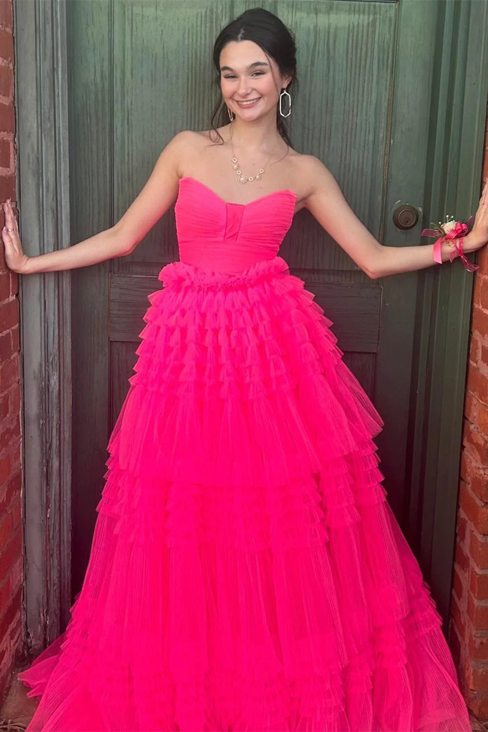 Luuvis Women Hot Pink Long Prom Dress Trendy A Line Strapless Formal Dress with Ruffles Luuvis Women Hot Pink Long Prom Dress Trendy A Line Strapless Formal Dress with Ruffles