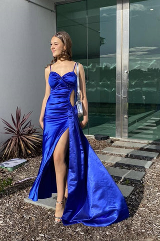 Trendy Mermaid Spaghetti Straps Royal Blue Long Prom Dress with Split Front