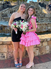 Load image into Gallery viewer, Black A-Line V-Neck Short Tiered Satin Homecoming Dress
