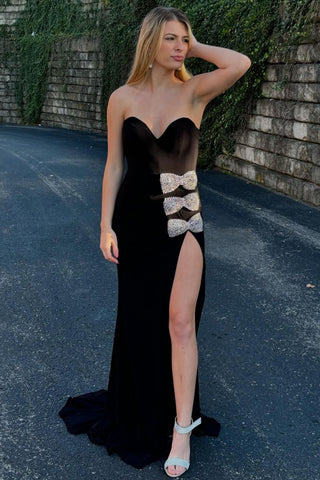 Stylish Mermaid Sweetheart Black Long Prom Dress with Bowknot Split Front