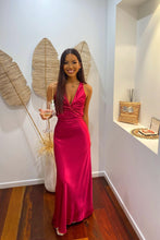 Load image into Gallery viewer, Trendy Sheath Halter Neck Purple Long Party Dress with Open Back Bowknot
