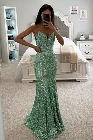 Sparkly Sequin Mermaid Spaghetti Straps Long Prom Party Dress