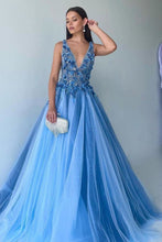 Load image into Gallery viewer, Gorgeous A Line Deep V Neck Blue Long Prom Dress with Appliques