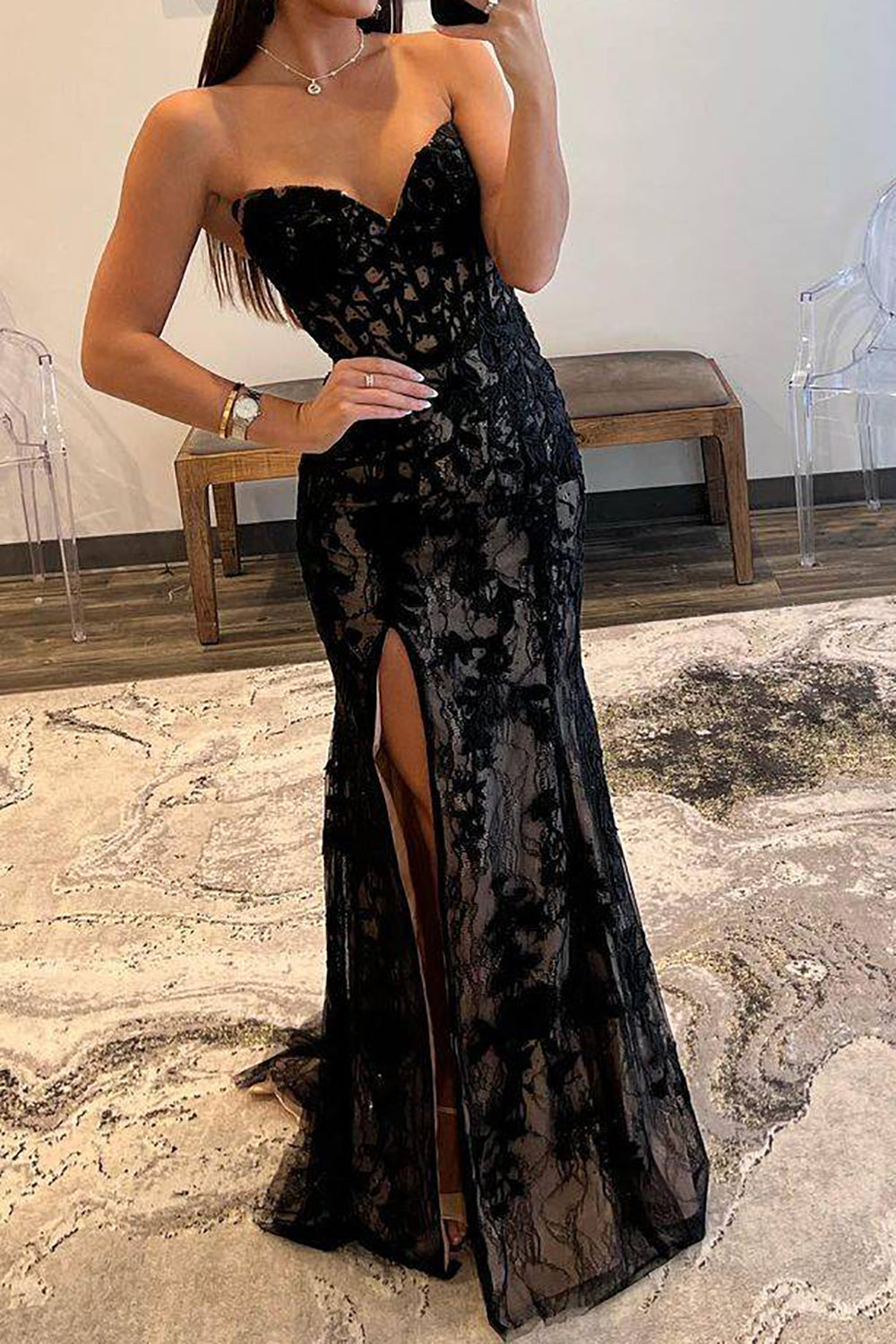 Luuvis Women Black Corset Prom Dress Mermaid Sweetheart Formal Dress with Appliques Luuvis Women Black Corset Prom Dress Mermaid Sweetheart Formal Dress with Appliques