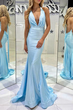 Load image into Gallery viewer, Trendy Mermaid Halter Neck Blue Long Prom Dress with Backless
