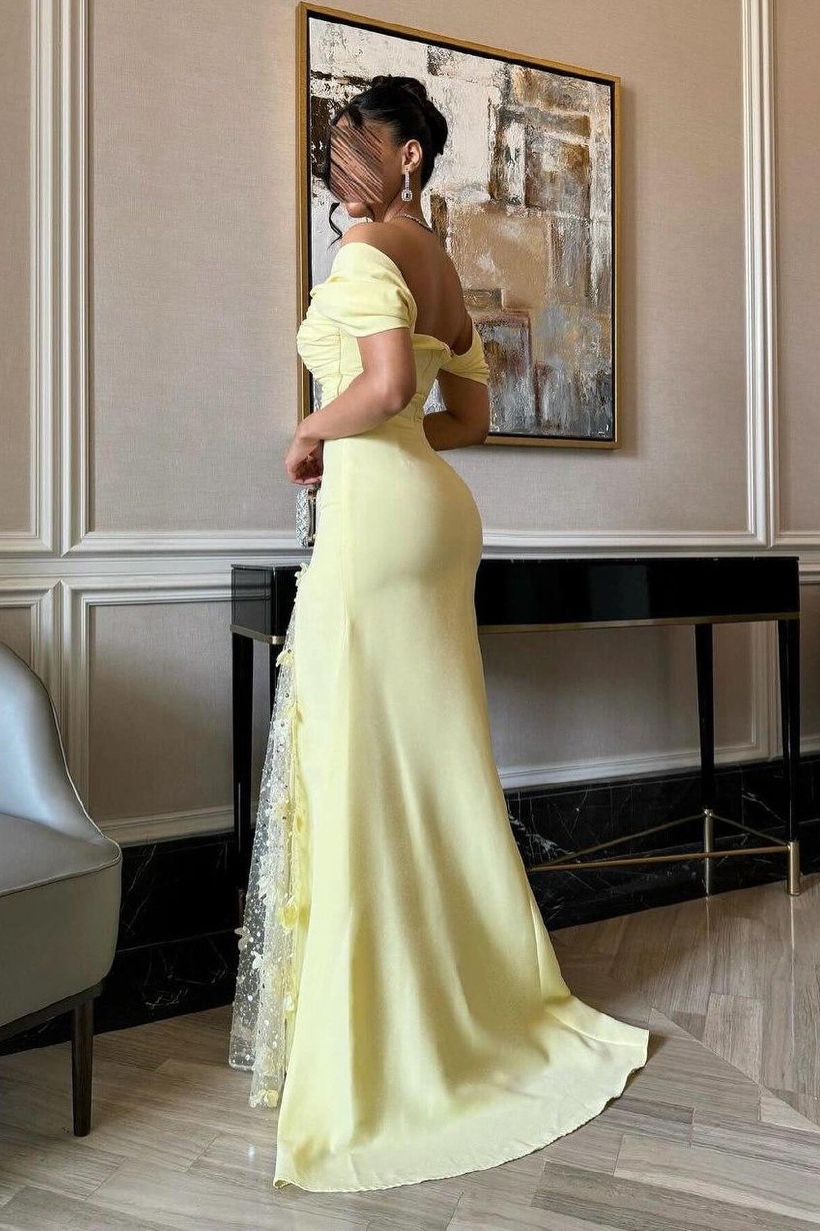 Luuvis Women Yellow Party Dress Elegant Mermaid Off the Shoulder Evening  Dress with Split Front