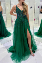 Load image into Gallery viewer, Bling A Line V Neck Dark Green Long Prom Dress with Beading