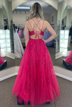 Load image into Gallery viewer, Stunning A Line Spaghetti Straps Fuchsia Long Prom Dress with Appliques