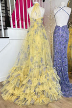 Load image into Gallery viewer, Stylish A Line Halter Neck Yellow Printed Tulle Long Prom Dress with Keyhole
