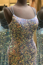 Load image into Gallery viewer, Sparkly Mermaid Spaghetti Straps Blue Sequins Long Prom Dress with Criss Cross Back
