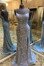 Load image into Gallery viewer, Sparkly Mermaid Spaghetti Straps Blue Sequins Long Prom Dress with Criss Cross Back
