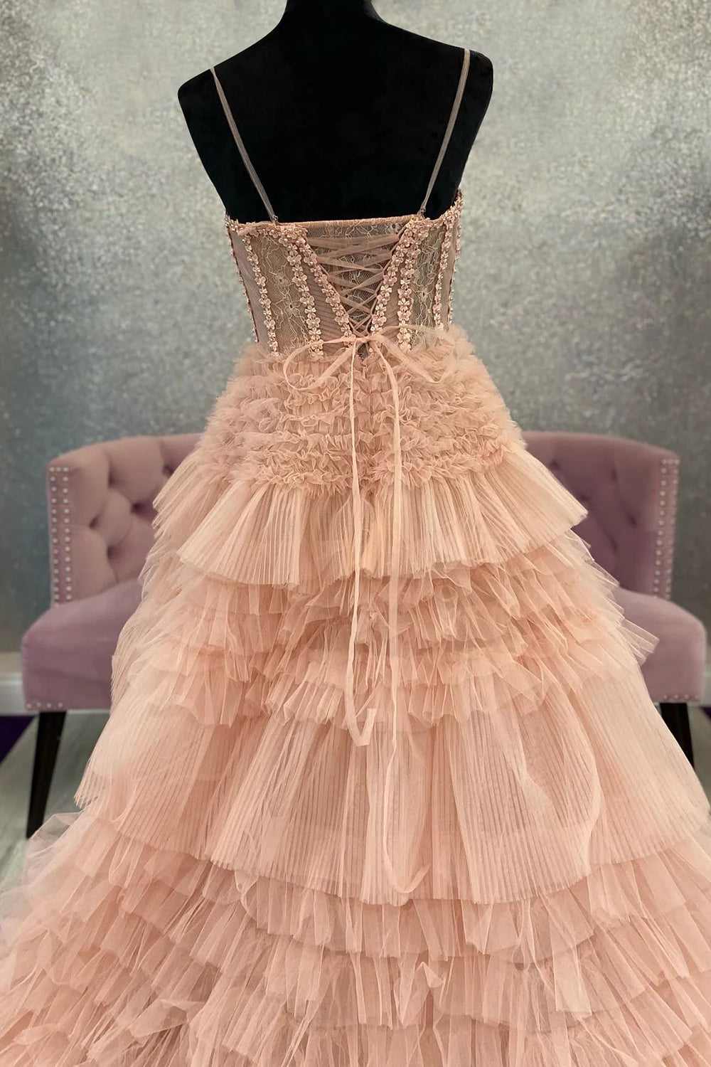 Luuvis Light Pink Corset Prom Dress Charming A Line Spaghetti Straps