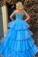 Load image into Gallery viewer, Trendy High Low Off the Shoulder Blue Corset Prom Dress with Appliques
