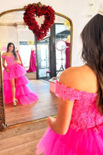 Load image into Gallery viewer, Trendy High Low Off the Shoulder Blue Corset Prom Dress with Appliques
