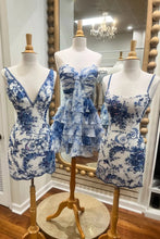 Load image into Gallery viewer, New A Line Sweetheart Blue Printed Short Homecoming Dress with Ruffles
