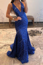 Load image into Gallery viewer, Hot Selling Mermaid Deep V Neck Royal Blue Sequins Long Prom Dress
