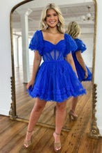 Load image into Gallery viewer, Trendy Sheath Straples Royal Blue Corset Prom Dress with Split Front