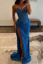 Load image into Gallery viewer, Sparkly Mermaid Sweetheart Gold Long Prom Dress with Beading

