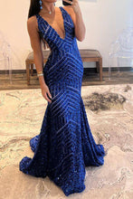 Load image into Gallery viewer, Hot Selling Mermaid Deep V Neck Royal Blue Sequins Long Prom Dress
