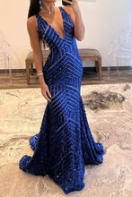 Load image into Gallery viewer, Hot Selling Mermaid Deep V Neck Royal Blue Sequins Long Prom Dress