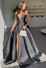 Load image into Gallery viewer, Stylish A Line Deep V Neck Black Long Prom Dress with Split Front