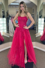 Load image into Gallery viewer, Stunning A Line Spaghetti Straps Fuchsia Long Prom Dress with Appliques