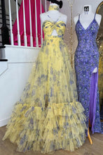 Load image into Gallery viewer, Stylish A Line Halter Neck Yellow Printed Tulle Long Prom Dress with Keyhole

