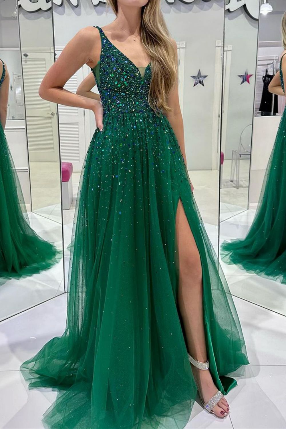 Luuvis Bling A Line V Neck Dark Green Long Prom Dress with Beading Luuvis Bling A Line V Neck Dark Green Long Prom Dress with Beading