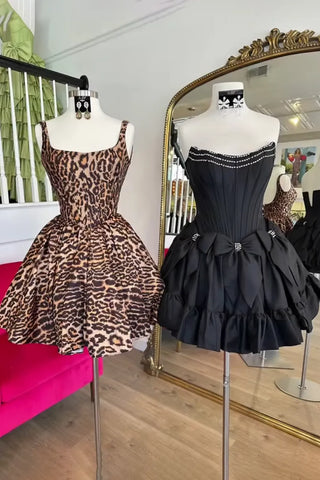 New A Line Square Neck Leopard Print Brown Short Homecoming Dress with Open Back