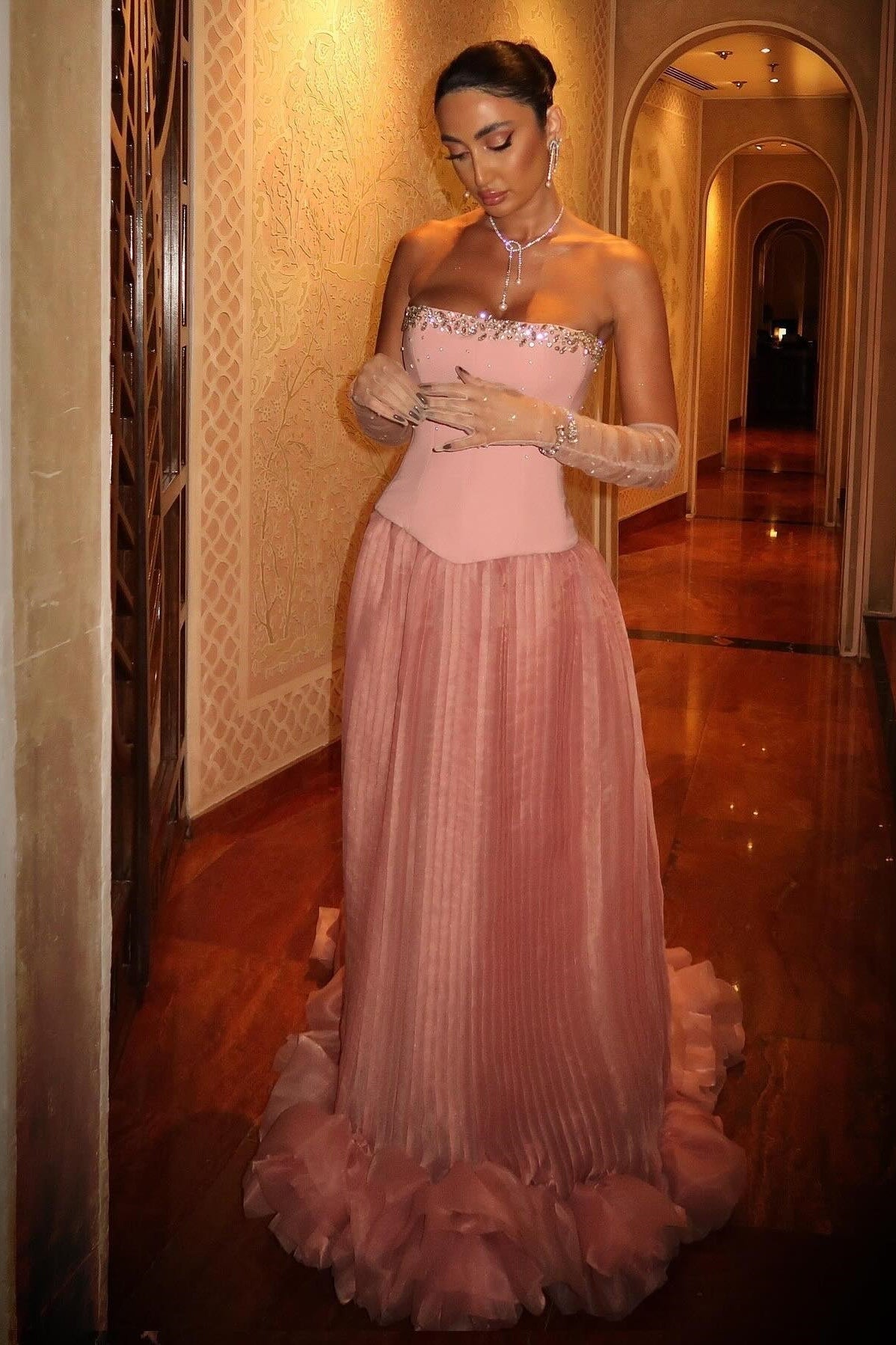 Princess A Line Strapless Pink Corset Long Formal Dress with Beading