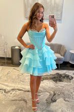 Load image into Gallery viewer, Pretty A Line Sweetheart Blue Corset Homecoming Dress with Beading Ruffles
