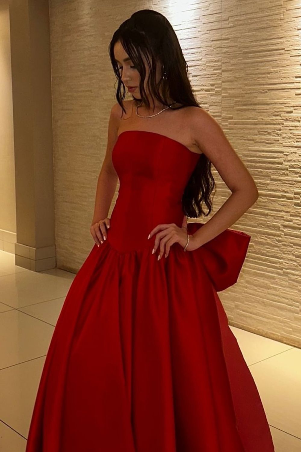 Luuvis Women Red Long Prom Dress Charming A Line Strapless Formal Dress with Bowknot Luuvis Women Red Long Prom Dress Charming A Line Strapless Formal Dress with Bowknot