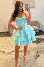 Load image into Gallery viewer, Pretty A Line Sweetheart Blue Corset Homecoming Dress with Beading Ruffles
