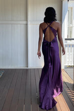 Load image into Gallery viewer, Trendy Sheath Halter Neck Purple Long Party Dress with Open Back Bowknot
