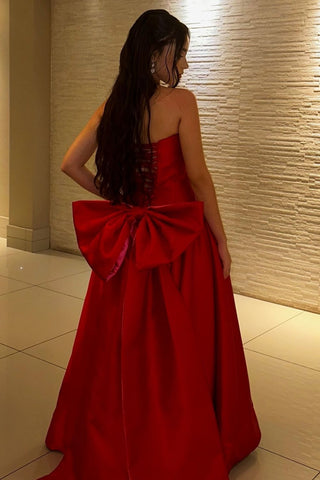 Charming A Line Strapless Red Long Prom Dress with Bowknot