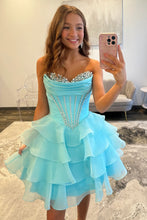 Load image into Gallery viewer, Pretty A Line Sweetheart Blue Corset Homecoming Dress with Beading Ruffles
