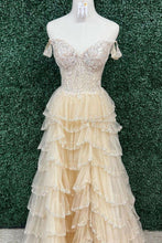 Load image into Gallery viewer, Elegant A Line Off the Shoulder Corset Light Champagne Corset Prom Dress with Lace Ruffles

