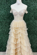 Load image into Gallery viewer, Elegant A Line Off the Shoulder Corset Light Champagne Corset Prom Dress with Lace Ruffles