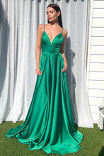 Load image into Gallery viewer, Simple A Line Spaghetti Straps Green Long Prom Dress with Split Front

