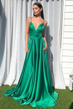 Load image into Gallery viewer, Simple A Line Spaghetti Straps Green Long Prom Dress with Split Front