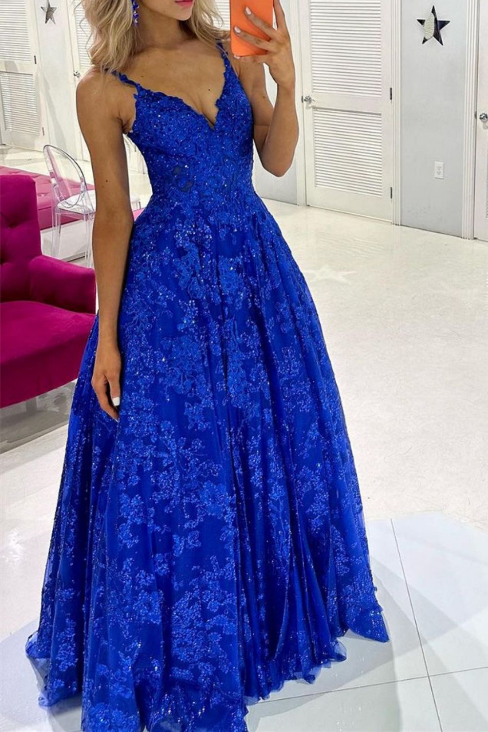 Luuvis Gorgeous A Line Spaghetti Straps Royal Blue Long Prom Dress with