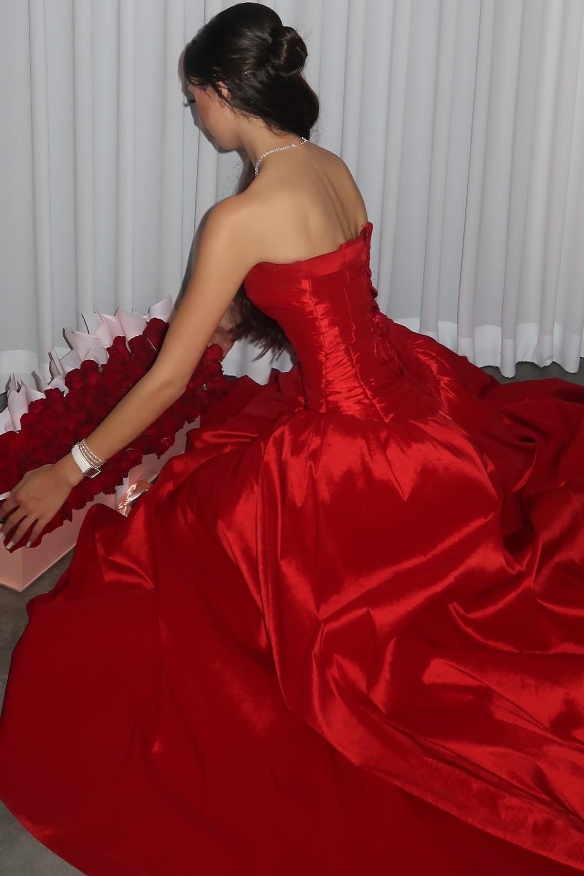 Luuvis Women Red Long Party Dress Princess A Line Strapless Evening Dress  with Ruffles