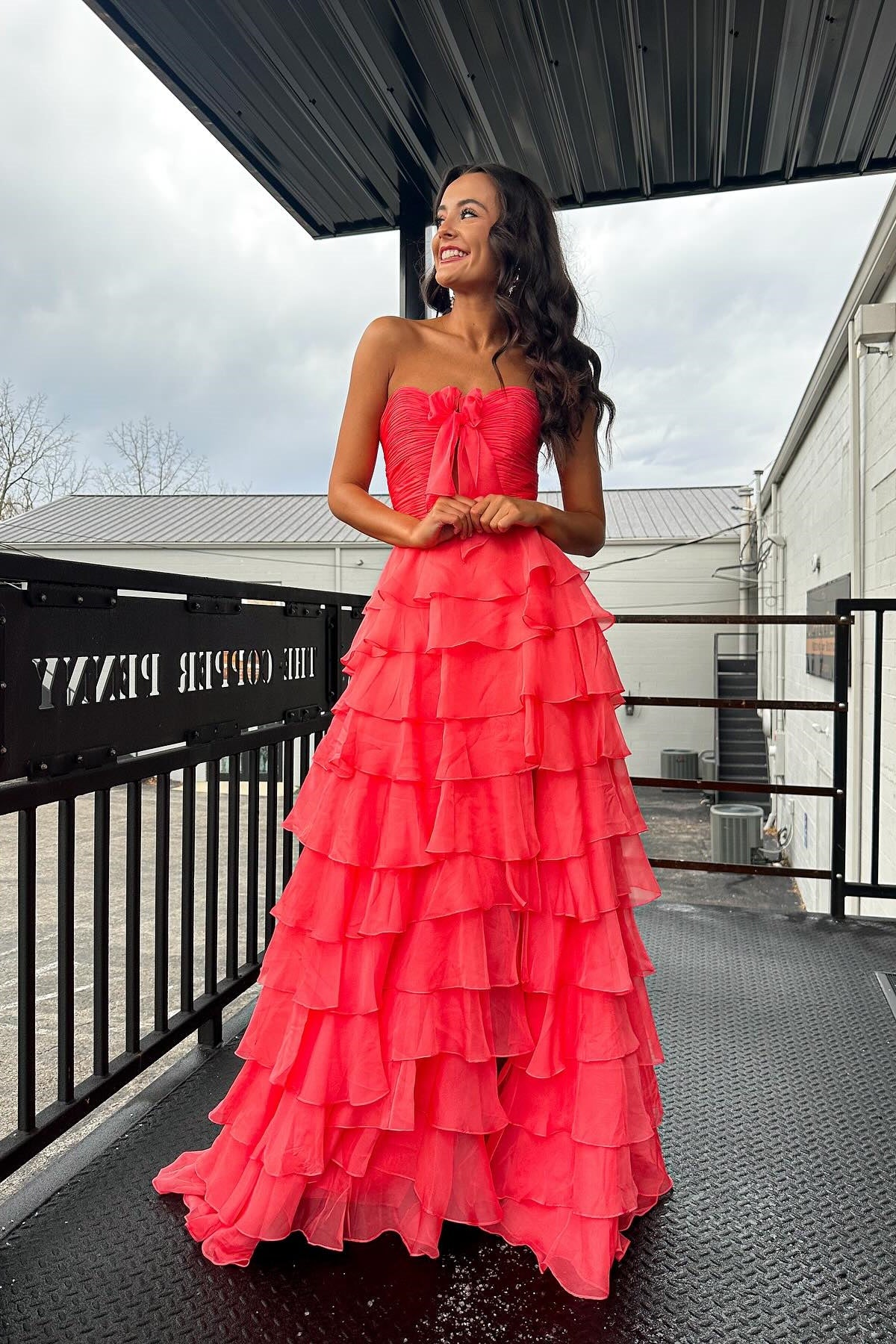 Cute A Line Sweetheart Pink Chiffon Tiered Slit Prom Dresses with Bow main image 1