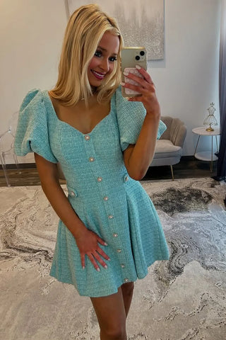 Fashion A Line Sweetheart Blue Short Homecoming Dress with Short Sleeves