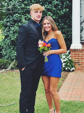Load image into Gallery viewer, Stunning Fuchsia Bodycon Sweetheart Lace Top Short Satin Homecoming Dress
