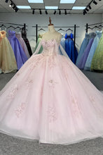 Load image into Gallery viewer, Elegant A Line Spaghetti Straps Pink Ball Gown Quinceanera Dress with Appliques Beading
